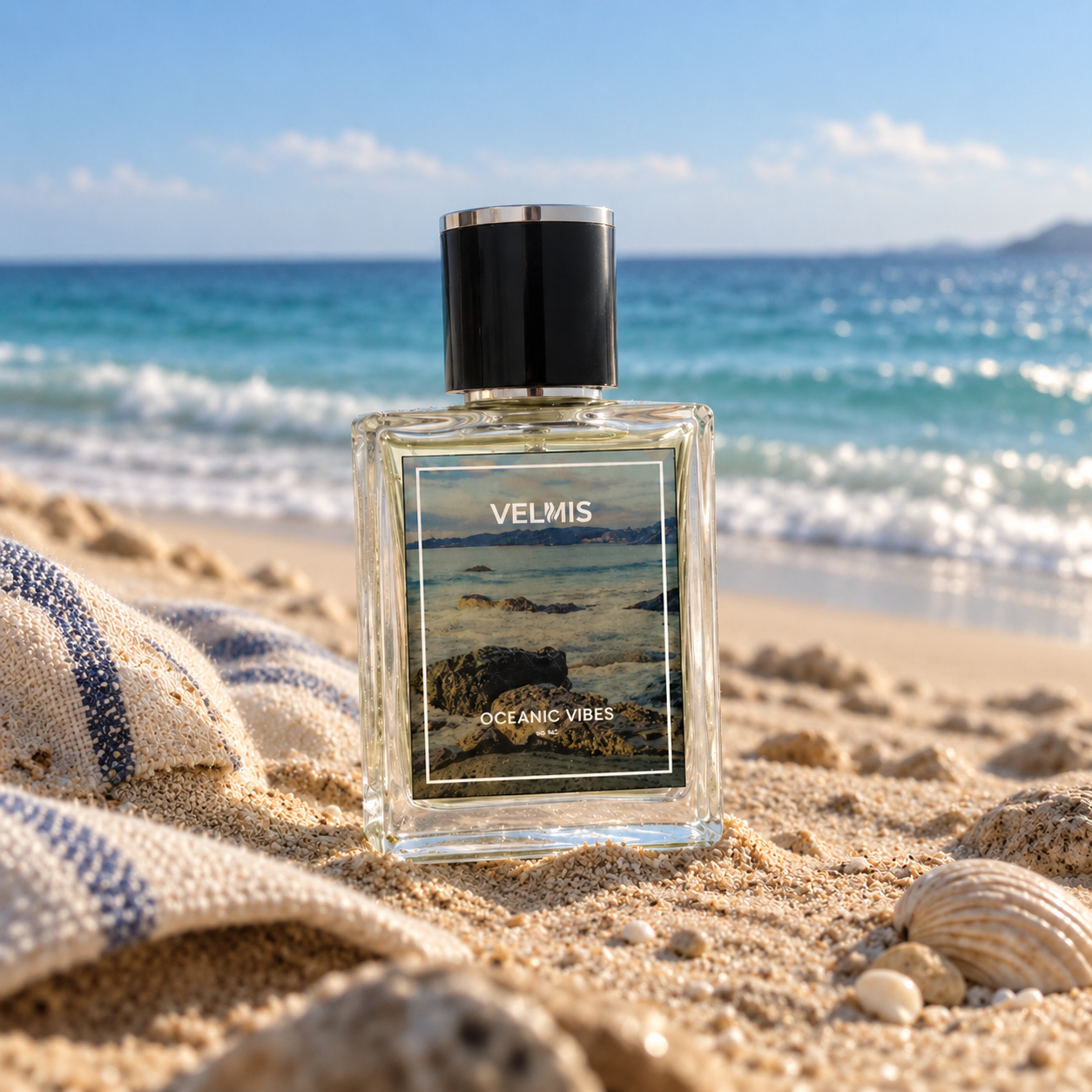 Oceanic Vibes men's perfume on beach by Velmis